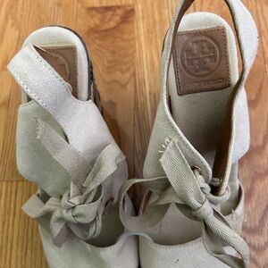 Tory Burch Cream Canvas Tie-Front Wedge Espadrilles
